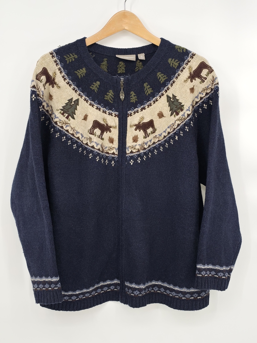 Croft & Barrow Vintage Moose Zip Embroidered Cardigan Wool Angora Cabincore 1X
